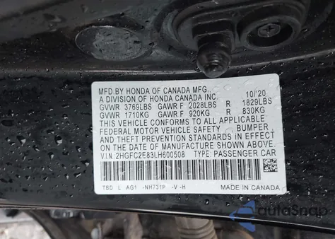 2020 Honda Civic Sport z USA, uszkodzony, nr VIN 2HGFC2E83LH600508